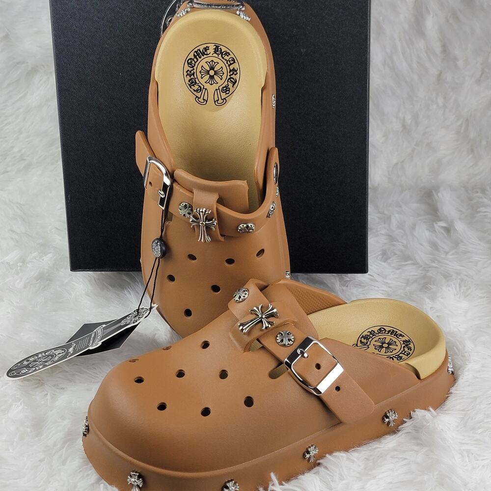 Croc Unisex Chrome Hearts Platform Clog 39 40 8 9 Tan Heavy Metal Slides Sandal